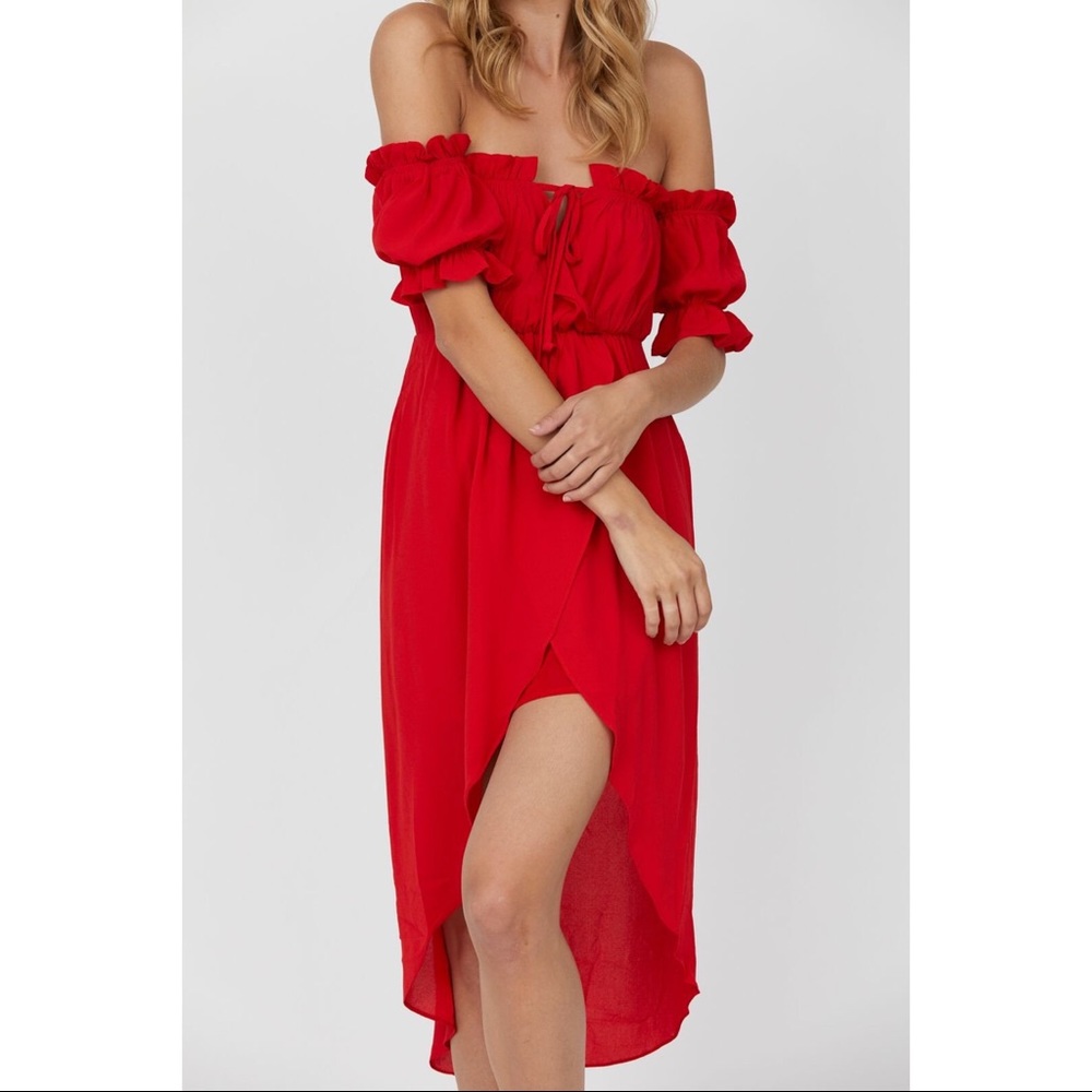 Haute Rogue Red Off Shoulder Midi Dress